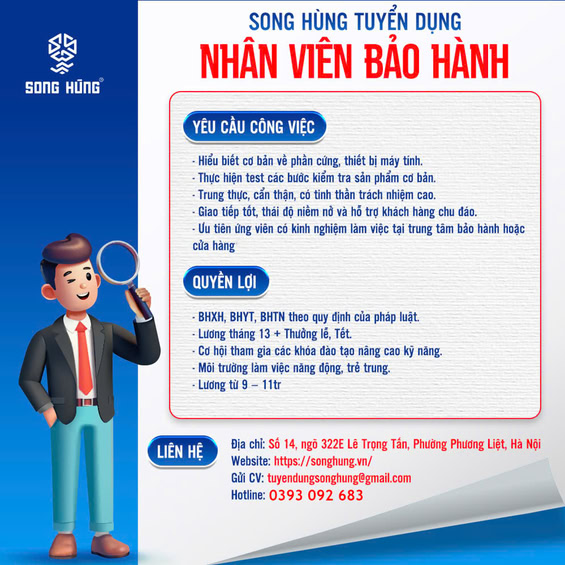 Tuyển Dụng Nhân Viên Kỹ Thuật Bảo Hành - Thu Nhập 9-11 Triệu/Tháng