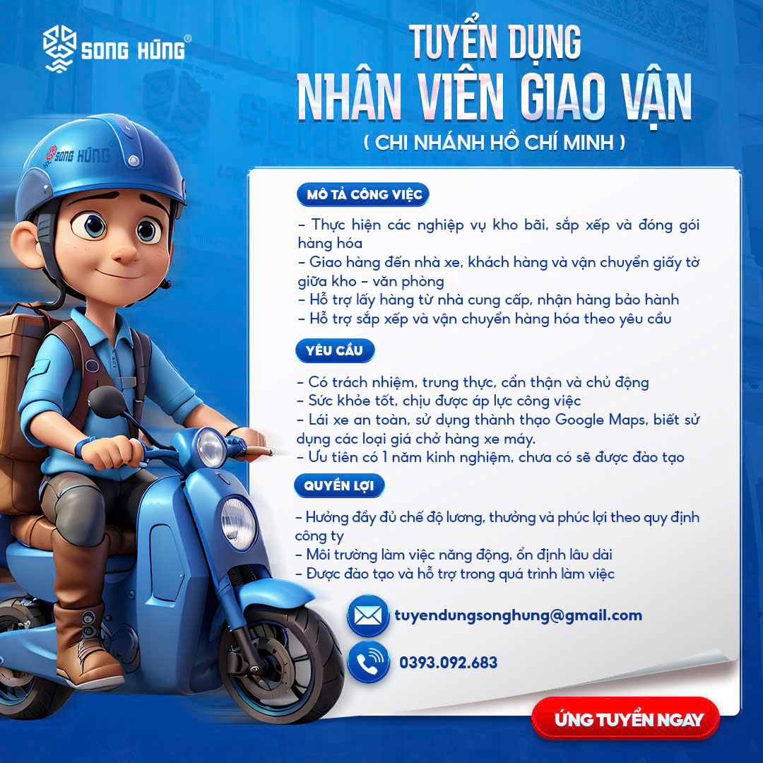 Tuyển Dụng Nhân Viên Giao Vận TP.HCM - Môi Trường Chuyên Nghiệp, Thu Nhập Ổn Định